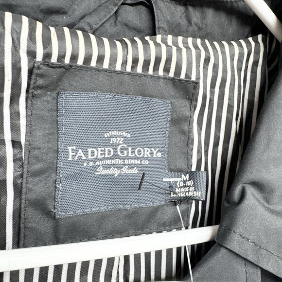 Faded Glory Jacket Women Sz Medium Black Collared Button Front Rain Trench Coat - Picture 2 of 8